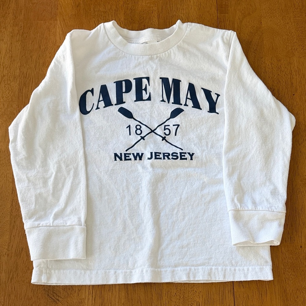 Rabbit Skins White Long-Sleeve Tee with Navy Cape May New Jersey Print